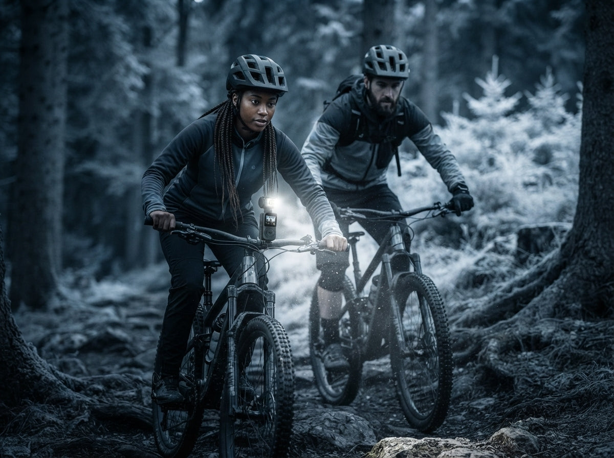 A cyclist riding a mountain bike on a dark trail at night with a VeloVision 4K camera mounted on the handlebars.